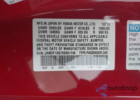 2013 Honda Cr-Z Ex z USA, uszkodzony, nr VIN JHMZF1D67DS001746